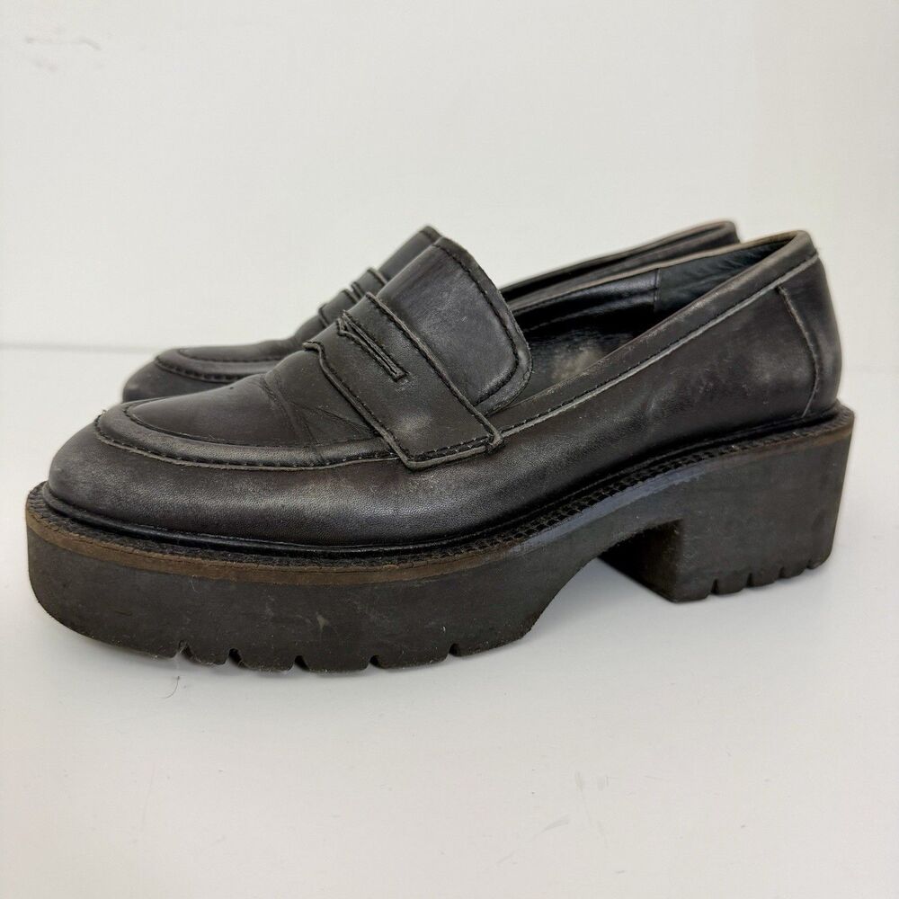 Free People Lug Sole Black Leather Chunky Platform Penny Loafers 38.5